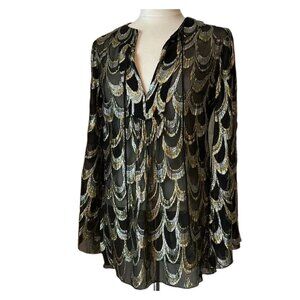 Trina Turk Silk Metallic Gold Silver Black Top Medium
